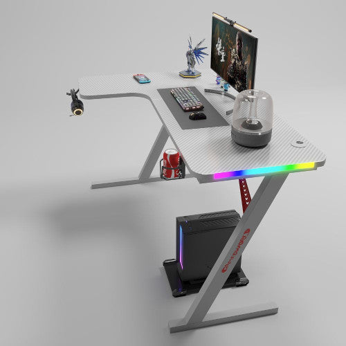 Γωνιακό Gaming γραφείο με φωτισμό RGB, υφή ανθρακονήματος και μεταλλικό σκελετό Μαύρο 140x(60-100)x74cm P201-WHTE — χονδρική B2B Wholesale Trade