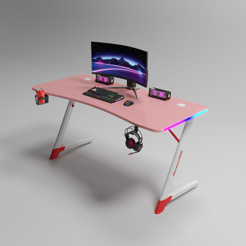 Γραφείο Gaming με φωτισμό RGB, υφή ανθρακονήματος και μεταλλικό σκελετό Ροζ - Λευκό 140x60x74cm D2209-PINK — χονδρική B2B Wholesale Trade