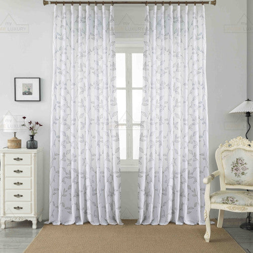 Κουρτίνα Leaves Λευκή με Γκρι Κέντημα Με Τρέσα 270x270cm 6020-3 — χονδρική B2B Wholesale Trade